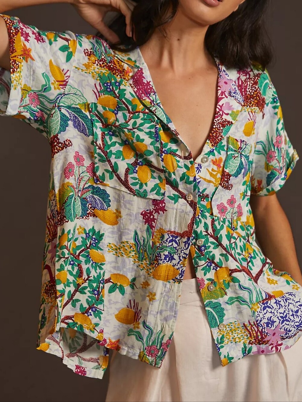 Maeve Anthropologie Women's Classic Surf Shirt Size S Linen Blend Lemons Boho
